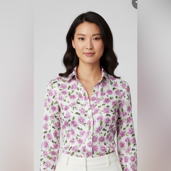 Zara Tops - Zara Top Womens Size S White Pink Floral Silky Bloggers Fave Button Up‎ Blouse